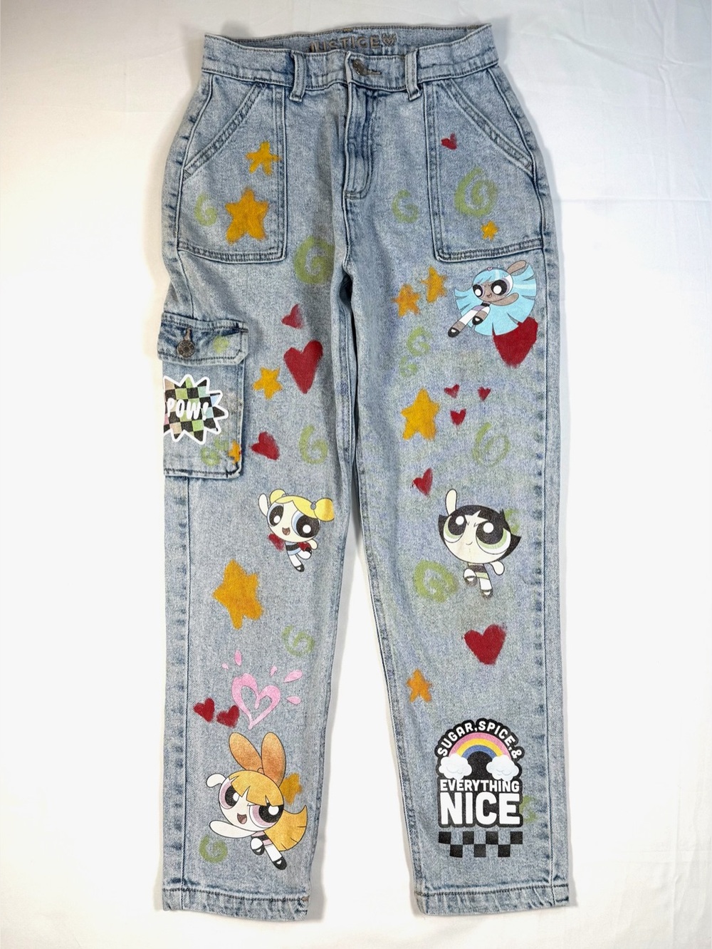 JUSTICE x Powerpuff Girls 16 Y2K Denim Jeans Cartoon Graphic Cargo Wide Leg